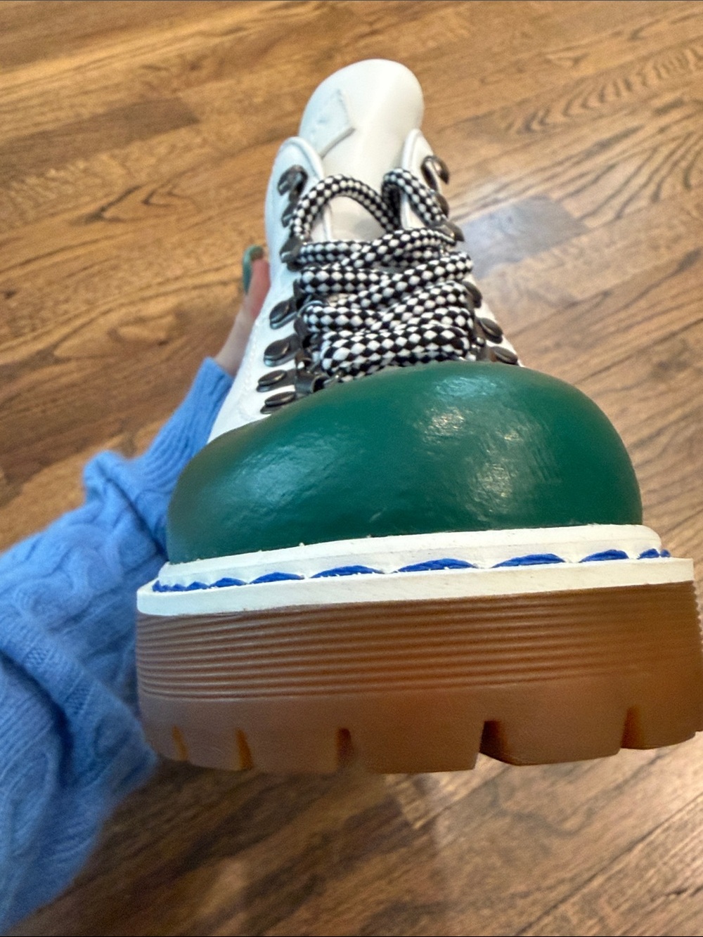 Prada White Leather Lace-Up Boots with Green Toe - Picture 5 of 16